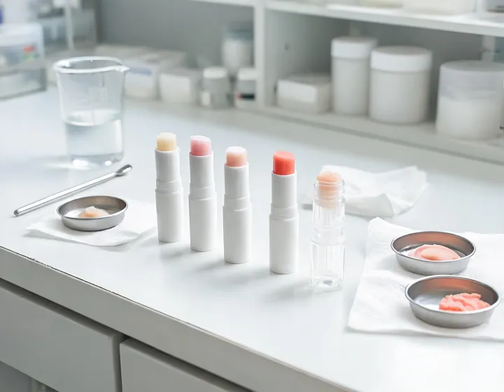 Lip Balm Sourcing on a cosmetics bench, illustration only