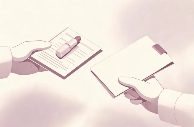 Illustration of a lip balm specification sheet handing off to a quotation folder