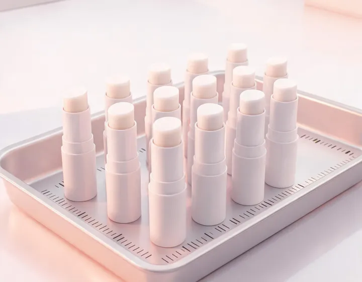 SPF lip balm sticks on a lab tray, illustration only