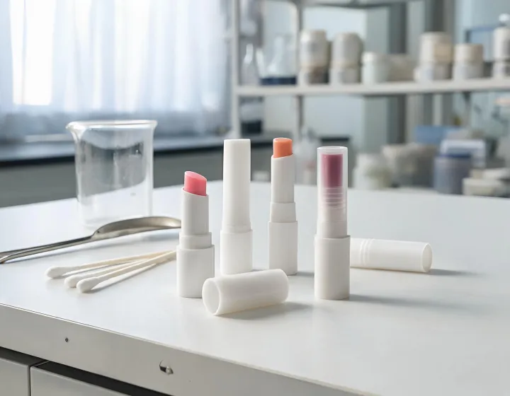 tinted lip balm with spf on a cosmetics bench, illustration only